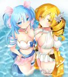  2girls asymmetrical_docking bad_source bikini blue_eyes blue_hair breast_press breasts cleavage cleavage_cutout clothing_cutout frilled_bikini frills hair_ornament highres large_breasts light_blue_hair looking_at_viewer magia_record:_mahou_shoujo_madoka_magica_gaiden magical_girl mahou_shoujo_madoka_magica minami_rena minami_rena_(swimsuit_costume) minami_rena_(swimsuit_ver.) multiple_girls navel ocean open_mouth outdoors pink_scrunchie scrunchie swimsuit symmetrical_docking tomoe_mami twintails water white_bikini yokumo 