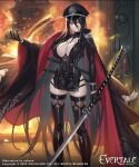  artist_name between_breasts black_hair breasts cleavage company_connection copyright_name cuboon evertale gat_(korean_traditional_hat) gloves highres holding large_breasts lips logo long_hair long_sleeves looking_at_viewer official_art red_eyes sword thighhighs weapon 