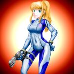  1girl aqua_eyes blonde_hair blue_bodysuit bodysuit breasts closed_mouth covered_navel gun hand_on_own_hip highres holding holding_gun holding_weapon holster long_hair medium_breasts metroid minamoto80486 paralyzer ponytail samus_aran smile solo thigh_holster weapon zero_suit 