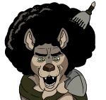  afro anonymous_artist anthro armor brown_body brown_fur canid canine canis cape clothing cutlery ears_up fangs far_beyond_the_world_(series) fork fur green_eyes hair kitchen_utensils looking_at_viewer male mammal open_mouth pauldron perro_rabioso ranok_(far_beyond_the_world) solo soyjak tan_body tan_fur teeth tools wojak wolf 