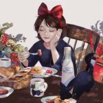  1girl baguette black_cat bottle bow bread cat chair cherry_tomato closed_eyes closed_mouth cup eating food fork hair_bow highres holding holding_fork jiji_(majo_no_takkyuubin) kiki_(majo_no_takkyuubin) majo_no_takkyuubin milk_bottle noche_official pancake plate red_bow sausage short_hair tomato 