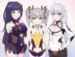  3girls ahoge bare_shoulders blue_eyes blush bodysuit bow braid breasts bronya_zaychik bronya_zaychik_(yamabuki_armor) cameltoe cleavage cleavage_cutout closed_mouth clothing_cutout drill_hair elbow_gloves fake_horns gloves grey_eyes grey_hair hair_bow hair_ornament halloween_costume hand_on_own_hip homu_(honkai_impact) honkai_(series) honkai_impact_3rd horns hyunjjing kiana_kaslana kiana_kaslana_(white_comet) leotard long_hair looking_at_viewer multiple_girls ponytail purple_gloves purple_hair purple_leotard raiden_mei raiden_mei_(lightning_empress) smile split_mouth twin_braids twin_drills very_long_hair white_bodysuit yellow_bow yellow_leotard 