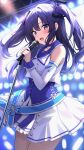  1girl absurdres blue_archive blue_choker blush choker cowboy_shot detached_sleeves dress hair_between_eyes halo highres holding holding_microphone long_hair looking_at_viewer mechanical_halo microphone microphone_stand open_mouth purple_eyes purple_hair smile solo stage stage_lights two_side_up white_dress yuuka_(blue_archive) zeatto 