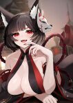  1girl animal_ear_fluff animal_ears ass azur_lane bare_shoulders black_hair breasts center_opening commentary_request fang highres huge_breasts looking_at_viewer lying on_stomach pale_skin red_eyes red_nails red_socks short_hair skin_fang slit_pupils socks solo the_pose yamaha_tsui yamashiro_(azur_lane) yamashiro_(meta)_(azur_lane) 