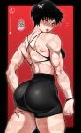  1girl absurdres almualim ass back black_hair blush english_text gym_uniform highres huge_ass jujutsu_kaisen looking_back muscular muscular_female one_eye_closed orange_eyes red_background short_hair signature solo thighs zen&#039;in_maki 