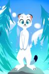  2023 anthro chest_tuft cloud detailed_background digital_media_(artwork) featureless_crotch fur head_tuft hi_res hydrabb inner_ear_fluff looking_at_viewer mammal mustelid nude outside plant sky solo standing tree tuft white_body white_fur 