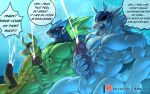  anthro blue_body bna_v5 canid canine canis capcom ejaculation green_body group group_masturbation hearts_around_head hi_res male male/male mammal masturbation mega_man_(series) mega_man_star_force omega-xis orange_body red_eyes speech_bubble taurus_fire trio wolf wolf_woods 