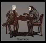  2boys balck_hair black_border bloodborne boots border brown_footwear brown_pants chair chess_piece chessboard copyright_name crossed_legs cup facial_hair from_side goatee grey_background grey_hair hands_up highres holding holding_cup hunter_(bloodborne) kamezaemon knee_boots male_focus multiple_boys pants ponytail simple_background sitting table teacup 