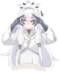  1girl black_gloves black_hairband blue_archive blush flower gloves grey_hair hair_flower hair_ornament hair_tubes hairband halo highres himari_(blue_archive) jacket long_hair long_sleeves looking_at_viewer open_mouth pointy_ears purple_eyes riya_(01214) simple_background solo white_background white_jacket 
