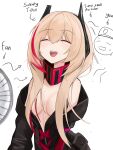  1boy 1girl absurdres beret blonde_hair blush breasts closed_eyes commander_(girls&#039;_frontline) electric_fan gamryous girls&#039;_frontline girlsmell_particles_(meme) hair_between_eyes hair_censor hat highres jacket long_hair m4_sopmod_ii_(girls&#039;_frontline) medium_breasts meme multicolored_hair off_shoulder sharp_teeth smile solo_focus streaked_hair sweat teeth very_long_hair 