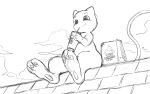  2023 3_toes ambiguous_gender anthro bag biped black_and_white container cup drinking english_text fast_food feet food food_bag generation_1_pokemon legendary_pokemon long_tail mew_(pokemon) monochrome nintendo outside pawpads pokemon pokemon_(species) sitting sketch smile solo straw tail text toes winick-lim 