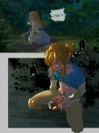  abs balls bangs blonde_hair boots bottomwear clothed clothing comic crouching dialogue dress duo ejaculating_cum ejaculation female footwear fully_clothed genitals hair hand_on_penis humanoid humanoid_genitalia humanoid_penis humanoid_pointy_ears hylian kukumomo link long_hair looking_back male masturbation navel nintendo not_furry outside outside_masturbation pants penile penile_masturbation penis ponytail princess_zelda pubes raised_clothing raised_shirt raised_topwear shirt sitting speech_bubble the_legend_of_zelda topwear 