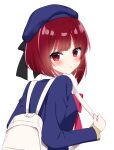  1girl arima_kana backpack bag beret blazer blue_headwear blue_jacket blunt_ends blush hat highres holding_strap jacket looking_at_viewer looking_back oshi_no_ko red_eyes red_hair school_uniform shinonome_asu short_hair simple_background solo white_background youtou_high_school_uniform 