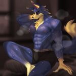  animal_crossing anthro bedroom black_clothing black_eyes black_underwear blue_body blue_fur bodily_fluids canid canine canis chest_tuft clothed clothing fur hi_res light male mammal multicolored_body multicolored_fur muscular muscular_male neck_tuft nintendo nipples noruru3737 solo sweat sweatdrop tuft two_tone_body two_tone_fur underwear underwear_only wolf wolfgang_(animal_crossing) 