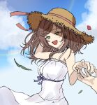  1boy 1girl :d arm_behind_head arm_up bad_hands bare_arms bare_shoulders blue_sky blush breasts brown_hair brown_headwear character_request cloud cloudy_sky commentary_request day dress green_eyes hat highres long_hair looking_at_viewer medium_breasts mtkignsn outdoors rainbow rosa_(tears_of_themis) sky sleeveless sleeveless_dress smile straw_hat tears_of_themis unfinished white_dress 