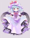  1girl bat_wings blue_hair bow bowtie center_frills collared_shirt dot_mouth dot_nose frilled_shirt frilled_shirt_collar frilled_skirt frills grey_background hair_between_eyes hat hiyuu_(hiyualice) lifted_by_self looking_at_viewer medium_hair mob_cap pink_headwear pink_shirt puffy_short_sleeves puffy_sleeves red_bow red_bowtie red_eyes remilia_scarlet shirt short_sleeves simple_background skirt solo touhou wings 