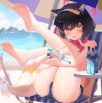  1girl absurdres animal_ear_fluff animal_ears bare_legs barefoot beach beach_chair beach_umbrella bikini black_hair blue_archive blue_bikini blue_sky bracelet cloud cloudy_sky day denim denim_shorts eyeliner fang feet fox_ears fox_girl fox_tail halo highres izuna_(blue_archive) izuna_(swimsuit)_(blue_archive) jewelry leaning_back leg_up legs looking_at_viewer makeup medium_hair micro_shorts open_mouth orange_eyes outdoors ramune red_scarf scarf scrunchie shiny_skin shorts skin_fang sky soles solo spilling striped striped_bikini swept_bangs swimsuit tail takeroku thighs toes torn_clothes torn_shorts umbrella visor_cap white_bikini wrist_scrunchie 