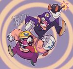  2boys big_nose bob-omb brown_footwear clenched_hand clenched_teeth datoonie facial_hair full_body gloves green_footwear hat highres looking_at_viewer male_focus mario_(series) multiple_boys mustache overalls raised_eyebrows smile teeth tongue tongue_out veins waluigi wario white_gloves 