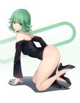  1girl all_fours bare_shoulders black_dress curly_hair dress from_side full_body green_eyes green_hair gs_(onsen_syndicate) high_heels highres long_sleeves one-punch_man parted_lips pelvic_curtain side_slit solo tatsumaki thighs 