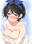  1girl absurdres bare_shoulders black_hair blue_ribbon blush breasts cleavage embarrassed frown hair_ribbon half-closed_eyes highres hiragizaka_aoi kanojo_okarishimasu large_breasts leaning_forward looking_to_the_side naked_towel ribbon sarashina_ruka short_hair solo sparkle standing sweatdrop towel wet_towel white_towel 