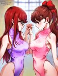  2girls bare_arms bare_shoulders blush bow covered_navel glasses holding_hands implied_incest interlocked_fingers leotard long_hair mina_cream mole mole_under_eye multiple_girls persona persona_5 persona_5_the_royal ponytail red_bow red_eyes siblings sisters sleeveless smile yoshizawa_kasumi&#039;s_sister yoshizawa_sumire yuri 