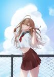  1girl ahoge blue_sky brown_eyes brown_hair brown_skirt bungo_nosuke chain-link_fence cloud day earrings fence food-themed_earrings hand_in_own_hair highres holocouncil hololive hololive_english jewelry long_hair looking_at_viewer midriff nanashi_mumei navel neckerchief outdoors pleated_skirt red_neckerchief rooftop sailor_collar school school_uniform serafuku shirt skirt sky smile solo thighs virtual_youtuber 
