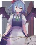  1girl bat_wings blue_hair blurry blurry_foreground closed_mouth commentary_request cosplay fence hat hat_ribbon highres izayoi_sakuya izayoi_sakuya_(cosplay) looking_at_viewer maid maid_headdress matcha_yado one_side_up outdoors pocket_watch red_eyes red_ribbon remilia_scarlet ribbon short_sleeves solo touhou watch wings 