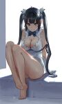  1girl arm_support barefoot black_hair blue_bow blue_bowtie blue_ribbon blush bow bowtie breasts cleavage closed_mouth commentary dress dungeon_ni_deai_wo_motomeru_no_wa_machigatteiru_darou_ka gloves hestia_(danmachi) highres large_breasts legs long_hair rei_no_himo ribbon sitting smile toes twintails white_dress white_gloves zefrableu 