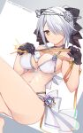  1girl absurdres bare_shoulders between_breasts bikini black_bow black_choker black_gloves bow bracelet breasts card character_name choker circlet cleavage closed_mouth duel_masters duel_masters_play&#039;s english_text feet_out_of_frame gloves grey_background grey_hair hair_bow hair_over_one_eye highres jewelry large_breasts looking_at_viewer navel short_hair sitting smile solo swimsuit two-tone_background white_background white_bikini yayoi_asuka yellow_eyes 