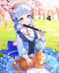  1girl blue_eyes blue_hair blunt_bangs blunt_tresses brown_headwear bug butterfly butterfly_hair_ornament cat cherry_blossoms collar day dress falling_petals folding_fan genshin_impact grass hair_ornament hair_up hand_fan hat highres holding holding_fan kamisato_ayaka kamisato_ayaka_(springbloom_missive) light_blue_hair long_hair long_sleeves looking_at_viewer mole mole_under_eye multicolored_clothes multicolored_dress official_alternate_costume official_alternate_hairstyle on_grass orange_cat outdoors petals puffy_long_sleeves puffy_sleeves q-chiang sitting solo white_collar 