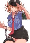  1girl alternate_costume aosora2823 armband artist_name black_skirt blue_shirt boku_no_hero_academia collared_shirt cuffs double_bun green_armband hair_bun hand_up handcuffs hat highres messy_hair necktie police police_hat police_uniform policewoman red_necktie shirt shirt_tucked_in simple_background skirt slit_pupils solo toga_himiko uniform white_background yellow_eyes 