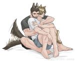  2boys absurdres alternate_facial_hair animal_ears bao_(bobobao21) bara beard blush brown_hair cat_boy cat_ears cat_tail chris_redfield dog_boy dog_ears dog_tail ear_wiggle facial_hair grey_shorts highres hug hug_from_behind kemonomimi_mode leon_s._kennedy male_focus mature_male motion_blur multiple_boys resident_evil resident_evil_4 resident_evil_4_(remake) short_hair shorts sitting_between_lap stubble tail tail_around_another&#039;s_leg toned toned_male yaoi 