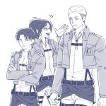  1other 2boys commentary_request cropped_jacket crossed_arms erwin_smith glasses greyscale hange_zoe height_difference highres jacket levi_(shingeki_no_kyojin) monochrome multiple_boys open_mouth ponytail shingeki_no_kyojin smile survey_corps_(emblem) suspenders yonchi 