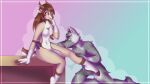  2021 antelope anthro ariana_shima_2d bovid bow_(bowhuskers) canid canine canis digital_media_(artwork) duo female fur gazelle gradient_background green_eyes grey_body grey_fur hooves horn licking male mammal markings simple_background sitting tongue tongue_out viera_(vanillazelle) wolf 