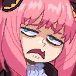  1girl anya_(spy_x_family) blue_eyes disgust frown hairpods hcnone highres looking_at_viewer pink_hair pixel_art red_background revision shirt short_hair simple_background solo spy_x_family turtleneck wavy_mouth white_shirt 