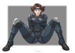  1girl absurdres ammunition_pouch belt black_footwear blue_eyes bodysuit boots breasts brown_belt brown_hair cirenk commentary cosplay english_commentary flipped_hair grey_bodysuit grey_headband headband highres large_breasts meryl_silverburgh metal_gear_(series) metal_gear_solid mixed-language_commentary pouch short_hair sitting sneaking_suit solid_snake solid_snake_(cosplay) solo spread_legs 