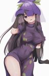  1girl absurdres black_gloves black_hair breasts china_dress chinese_clothes covered_navel dress elbow_gloves florentia_menma flower flower_on_head fruit_print gloves grape_print hand_up highres large_breasts leaf leaf_print long_hair looking_at_viewer open_mouth puffy_short_sleeves puffy_sleeves purple_dress purple_eyes purple_flower short_sleeves sidelocks simple_background solo standing touhou turtleneck turtleneck_dress veil white_background yomotsu_hisami 