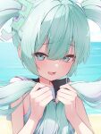  1girl absurdres bananafish1111 bare_shoulders beach black_sailor_collar blue_archive blue_eyes blush dot_nose furrowed_brow green_hair hair_between_eyes hair_ornament hair_tie hatsune_miku highres holding holding_hair looking_at_viewer ocean open_mouth own_hands_together rectangular_mouth sailor_collar shirt shore sidelocks sleeveless sleeveless_shirt solo twintails upper_body vocaloid white_shirt 
