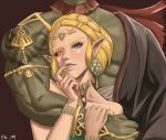  1boy 1girl armlet artist_name bare_shoulders beard blonde_hair braid circlet colored_sclera colored_skin corruption crown_braid dangle_earrings earrings evil_smile facial_hair fidget4827 ganondorf gerudo green_eyes green_skin heterochromia highres hug hug_from_behind jewelry long_hair looking_at_viewer muscular muscular_male official_alternate_costume orange_sclera parted_lips pointy_ears princess_zelda red_hair single_arm_hug single_bare_shoulder slit_pupils smile teardrop_facial_mark the_legend_of_zelda the_legend_of_zelda:_tears_of_the_kingdom wristlet 