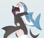  absurd_res anthro blush butt clothing embrace fish hi_res hug legwear mac_(shark) male marine shark shark_plush thigh_highs tiwwas 