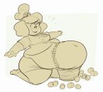  2021 accessory animal_crossing anthro basket bell belly belly_play big_belly bloated blush bottomwear breasts canid canine canis clothed clothed_female clothing container digital_drawing_(artwork) digital_media_(artwork) domestic_dog dress_shirt easter easter_basket easter_egg eye_through_hair eyelashes female floppy_ears fur hair hair_accessory hair_tie hi_res holidays isabelle_(animal_crossing) jingle_bell mammal midriff monochrome navel nintendo obese obese_anthro obese_female open_mouth overweight overweight_anthro overweight_female plastic_container ridiculouscake shih_tzu shirt simple_background skirt smile solo thick_thighs topwear toy_dog translucent translucent_hair wide_hips yellow_body yellow_fur 