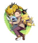  1boy 3others ankylomon ankylosaurus armadimon brown_footwear brown_hair brown_jacket closed_eyes digimon digimon_(creature) digmon grass hida_iori jacket lao_wen multiple_others on_grass open_mouth pants purple_pants shoes short_hair sleeping submarimon tail 