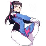  1boy blue_bodysuit bodysuit brown_eyes brown_hair bulge closed_mouth commentary_request covered_navel cropped_legs d.va_(overwatch) facial_mark genderswap genderswap_(ftm) gloves headphones jaggy_lines lips long_hair long_sleeves looking_at_viewer omiya_(louise-louis-lucille) otoko_no_ko overwatch pilot_suit simple_background whisker_markings white_background white_gloves 