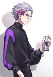  1boy black_shirt can commentary_request fuwa_minato glasses grey_hair highres holding holding_can light_smile long_sleeves looking_at_viewer looking_to_the_side makeup male_focus monster_energy multicolored_hair nijisanji parted_lips purple_eyes purple_hair red_hair shadow shirt short_hair solo virtual_youtuber white_background 