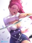  1girl angry arms_up artist_name breasts cleavage clenched_hand english_commentary etchimune fire_emblem fire_emblem:_three_houses garreg_mach_monastery_uniform high-waist_skirt holding holding_sword holding_weapon large_breasts looking_at_viewer medium_breasts miniskirt open_mouth pencil_skirt petra_macneary ponytail skirt sword underbust weapon 