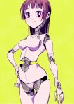  1girl android arm_at_side breasts brown_hair hand_on_own_hip joints looking_at_viewer medium_breasts medium_hair original pale_skin robot_girl robot_joints smile solo standing tommy_region yellow_background 