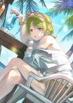  1girl :o bare_legs blush bracelet cocktail_glass crossed_legs cup drinking_glass dutch_angle eyewear_on_head feet_out_of_frame green_hair head_rest heart heart-shaped_eyewear highres idolmaster idolmaster_shiny_colors jewelry leaning_forward looking_at_viewer looking_to_the_side nanakusa_nichika otsudou outdoors palm_tree shirt tinted_eyewear tree visor_cap white_shirt 