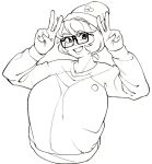  1girl :d beanie blush breasts commentary double_v english_commentary glasses greyscale hat large_breasts lineart monochrome original short_hair sleeves_past_wrists smile snowcie snowciel solo sweater upper_body v 