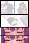  1boy 1girl bad_source black_gloves blush breasts closed_mouth english_text fate/grand_order fate_(series) fujimaru_ritsuka_(male) gloves highres large_breasts long_hair long_sleeves lvl_(sentrythe2310) parted_lips purple_hair red_eyes scathach_(fate) scathach_skadi_(fate) smile 