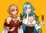 2girls absurdres armor blonde_hair blue_hair breasts chloe_(fire_emblem) citrinne_(fire_emblem) cleavage closed_eyes closed_mouth earrings elbow_gloves feather_hair_ornament feathers fire_emblem fire_emblem_engage food gloves hair_ornament hair_ribbon highres holding holding_food hoop_earrings jewelry long_hair multiple_girls red_eyes ribbon sethkiel short_hair white_gloves 